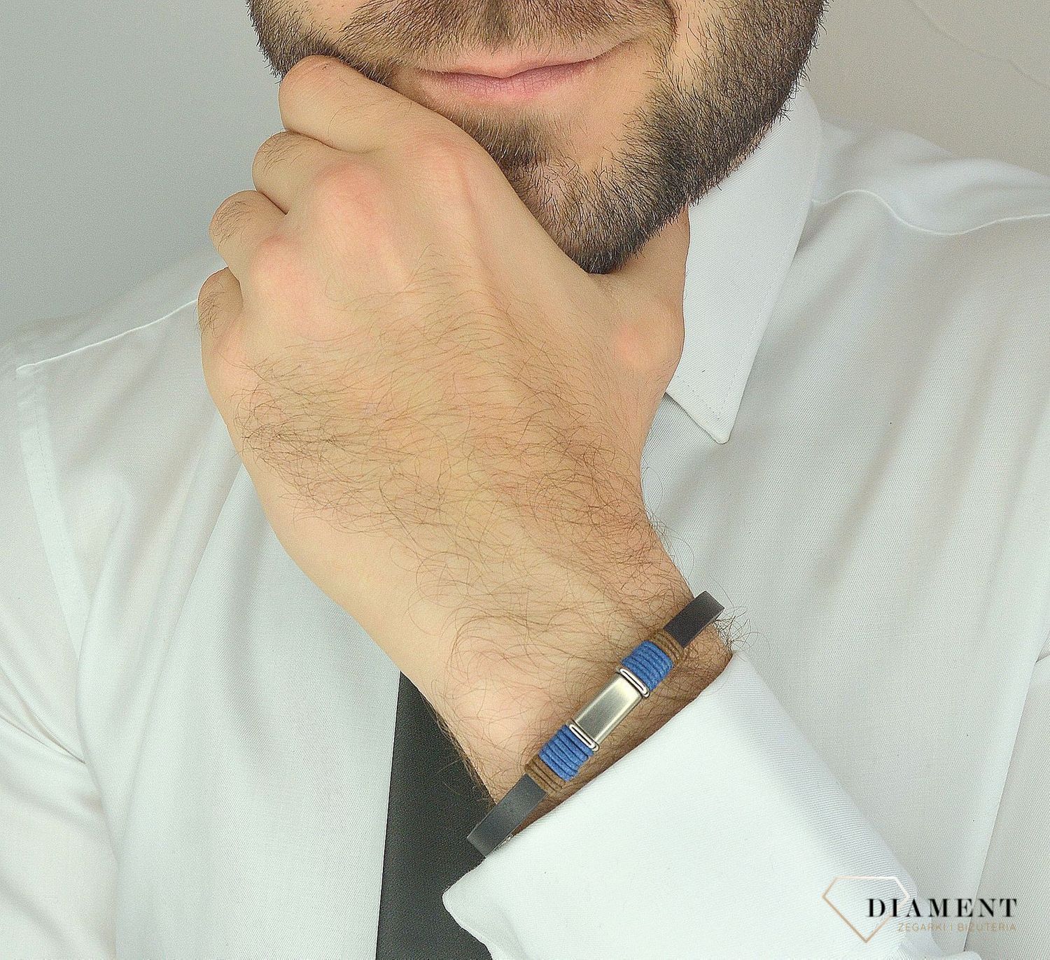 Bransoletka męska skóra z rzemykiem w kolorze DIA-BRA-12479-STAL.jpg
