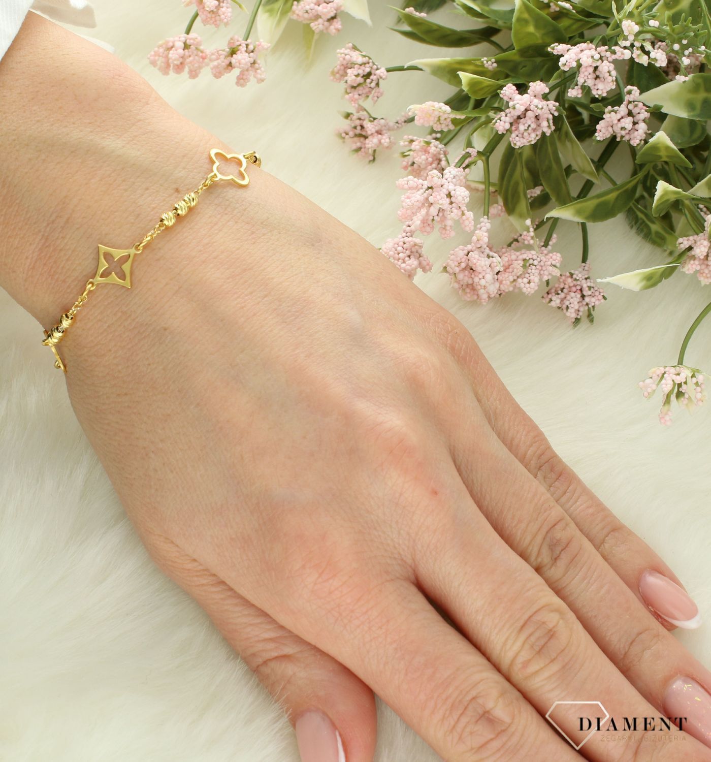 Srebrna bransoletka damska celebrytka 925 pozłacana z koniczynami DIA-BRA-12503-925 (2).jpg