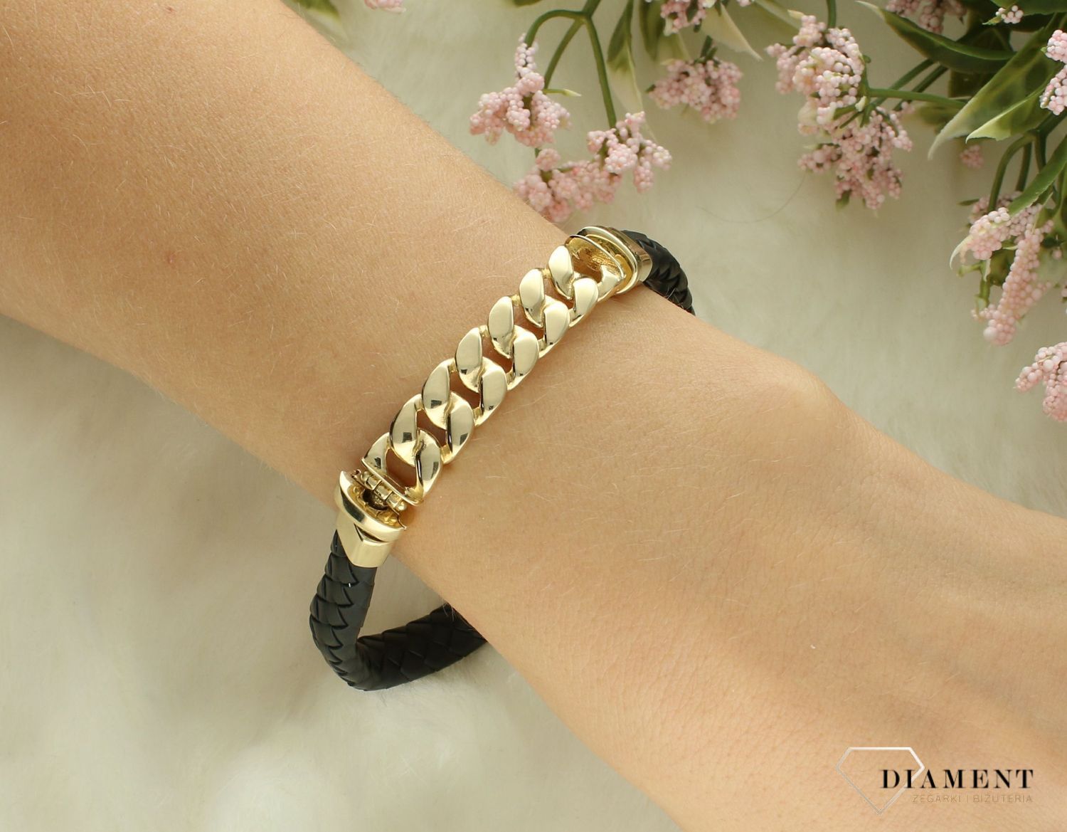 Złota bransoletka damska 585 pancerka ze skórzaną plecionką 22 cm DIA-BRA-12653-585.jpg