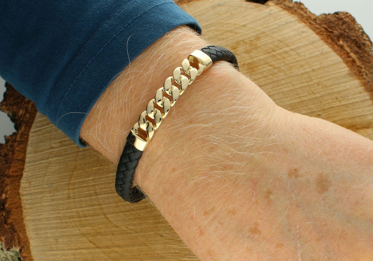 Złota bransoletka damska 585 pancerka ze skórzaną plecionką 22 cm DIA-BRA-12653-585.jpg