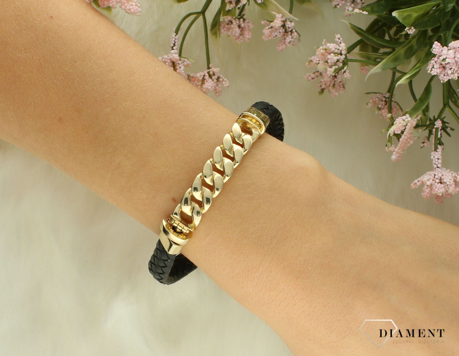 Złota bransoletka damska 585 pancerka ze skórzaną plecionką DIA-BRA-12654-585.jpg