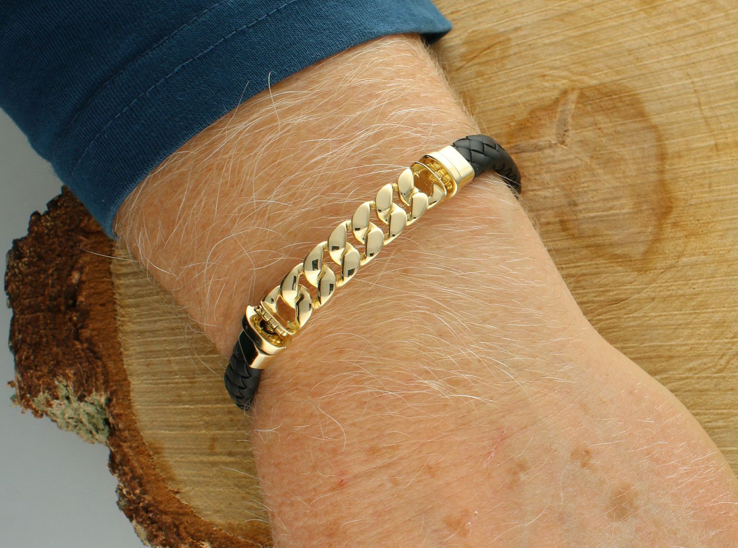 Złota bransoletka damska 585 pancerka ze skórzaną plecionką DIA-BRA-12654-585.jpg