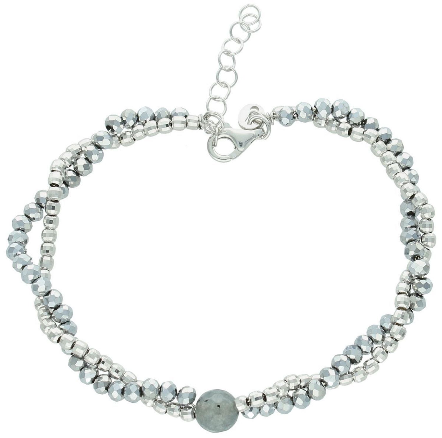 Srebrna bransoletka z podwójnym splotem mieniących się koralików .jpg