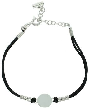 Delikatna bransoletka damska ze srebra 925 z czarnym sznureczkiem i okrągłą blaszką 9 mm. Długość 16 cm + 3 cm, zapięcie na karabińczyk. Model DIA-BRA-12672-925 – lekka i elegancka biżuteria.1.jpg