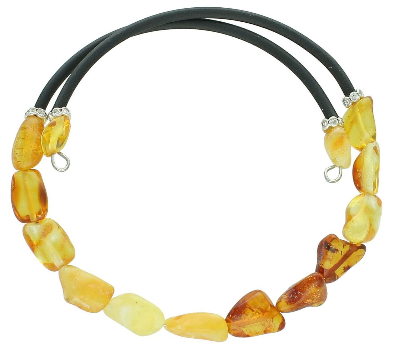 Bransoletka damska bursztyn z kauczukiem DIA-BRA-12719-STAL Efektowna bransoletka z bursztynem o nieregularnych kształtach w połączeniu z kauczukiem wykonana z niezwykłą starannością i dbałością o każdy szczegół.1.jpg