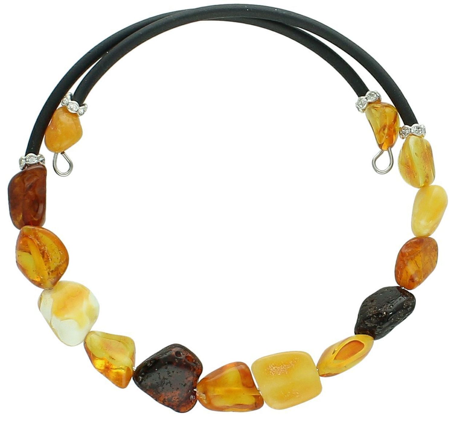 Bransoletka damska bursztyn z kauczukiem DIA-BRA-12720-STAL Efektowna bransoletka z bursztynem o nieregularnych kształtach w połączeniu z kauczukiem wykonana z niezwykłą starannością i dbałością o każdy szczegół. 1.jpg