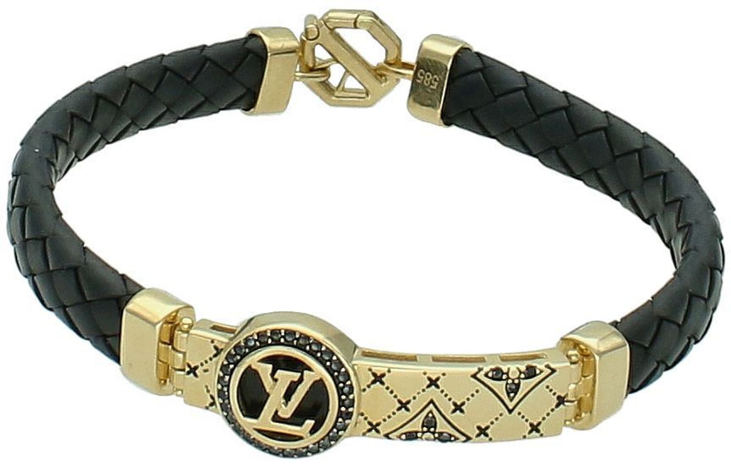 Bransoletka złota na rzemyku plecionym logo LV próba 585 DIA-BRA-12908-585  to elegancka biżuteria, która łączy klasyczną złotą ozdobę z nowoczesnym1.jpg