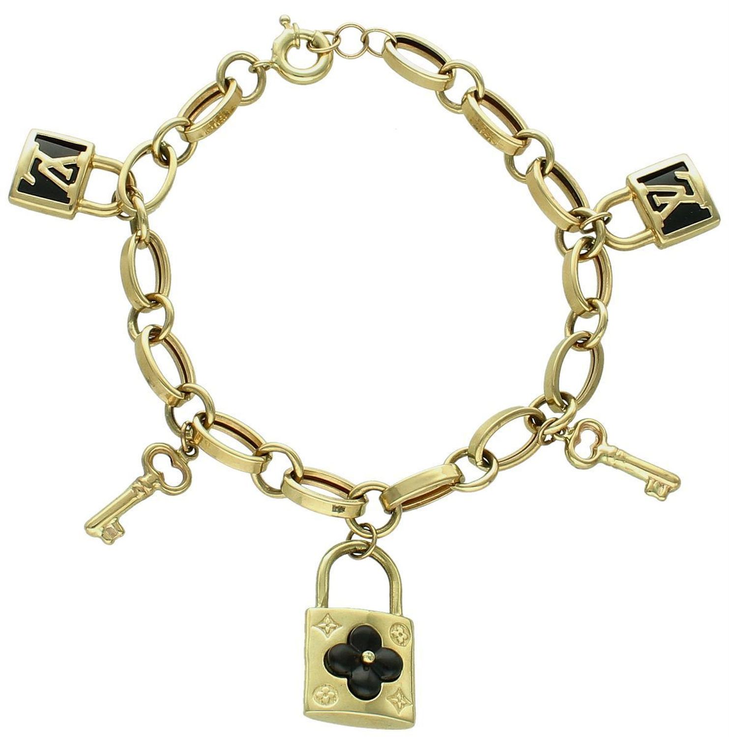 Bransoletka damska złota próba 585 z wiszącymi kluczykami i kłódkami LV DIA-BRA-12929-585 to elegancka i modna biżuteria, która z pewnością przyciągnie uwagę miłośniczek1.jpg