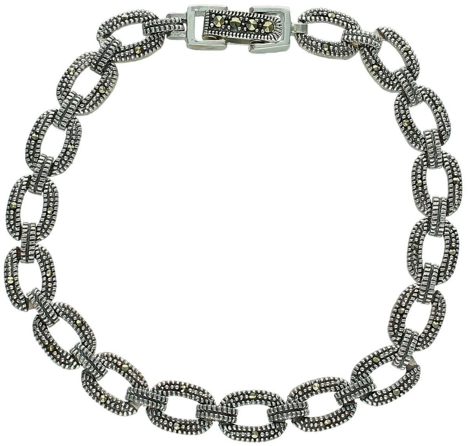 Bransoletka damska ze srebra próby 925, model DIA-BRA-13090-925. Zdobiona markazytami, długość 19 cm, szerokość 8 mm, zapięcie na zatrzask. Styl retro i elegancja.1.jpg