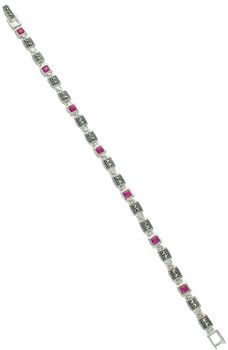 Elegancka bransoletka damska srebrna próba 925 z kwadratowymi ogniwkami zdobionymi markazytami i rubinem syntetycznym. Długość 18 cm, szerokość 5 mm, zapięcie na zatrzask. 1.jpg