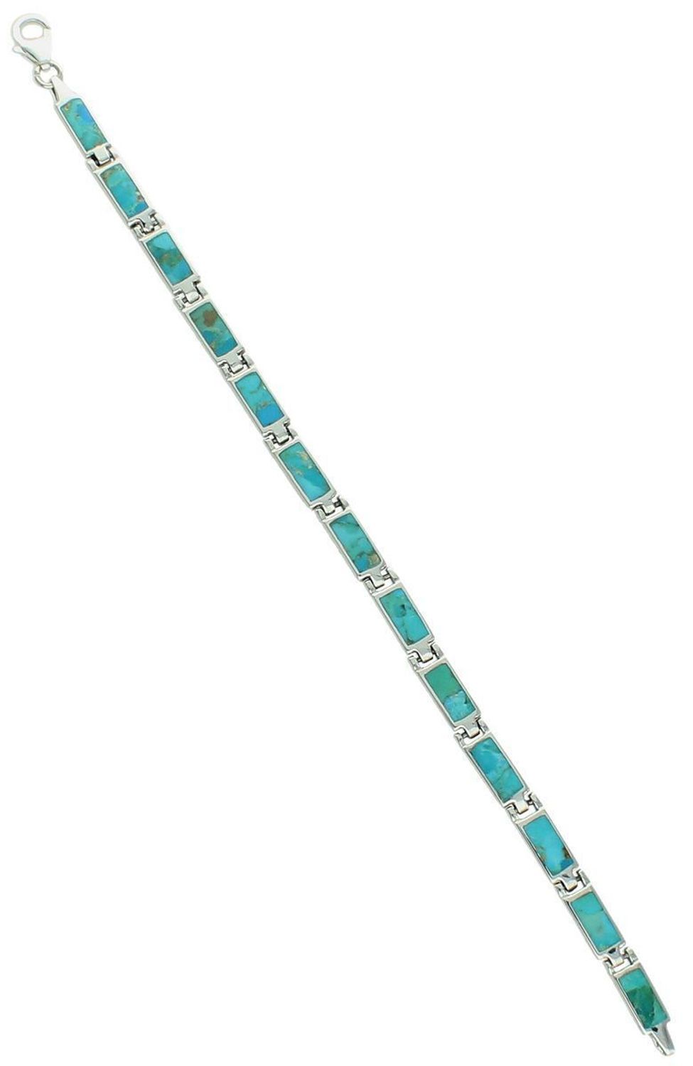 Bransoletka damska ze srebra próby 925, model DIA-BRA-13094-925. Prostokątne ogniwa zdobione turkusami, 18 cm długości, 5 mm szerokości, 12,63 g. Zapięcie na karabińczyk.1.jpg