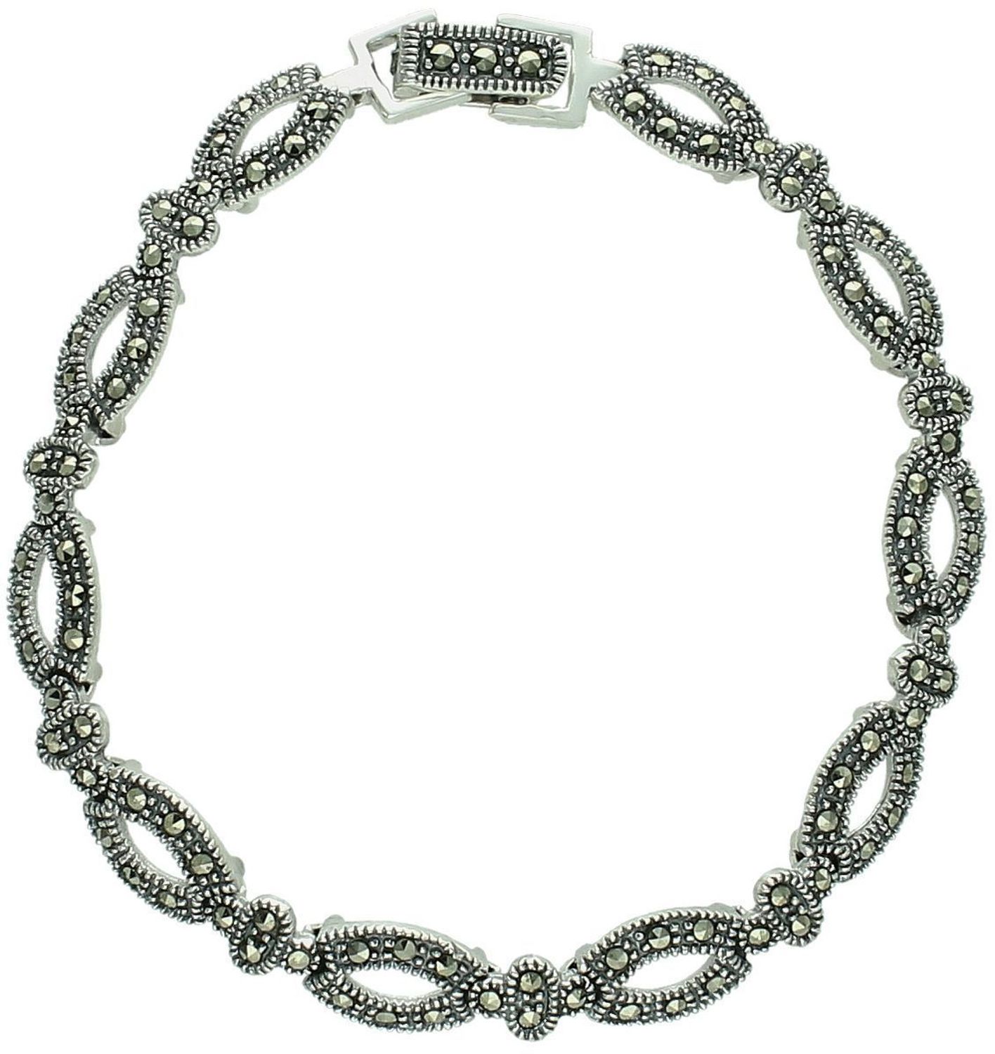 Bransoletka damska ze srebra próby 925, DIA-BRA-13095-925. Owalne ogniwa zdobione markazytami, długość 18 cm, szerokość 8 mm, waga 13,40 g. Zapięcie na zatrzask. Styl retro.1.jpg