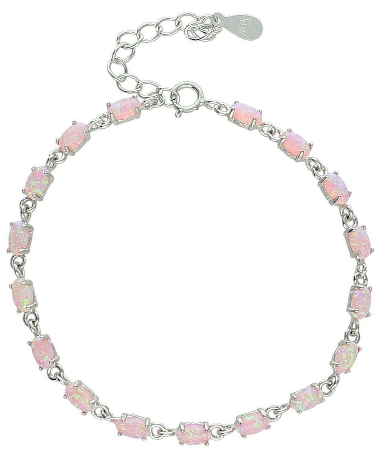 Subtelna bransoletka damska srebrna próba 925 z owalnymi ogniwami ozdobionymi różowym opalem syntetycznym. Długość 15 cm + 5 cm regulacji, szerokość 4 mm1.jpg