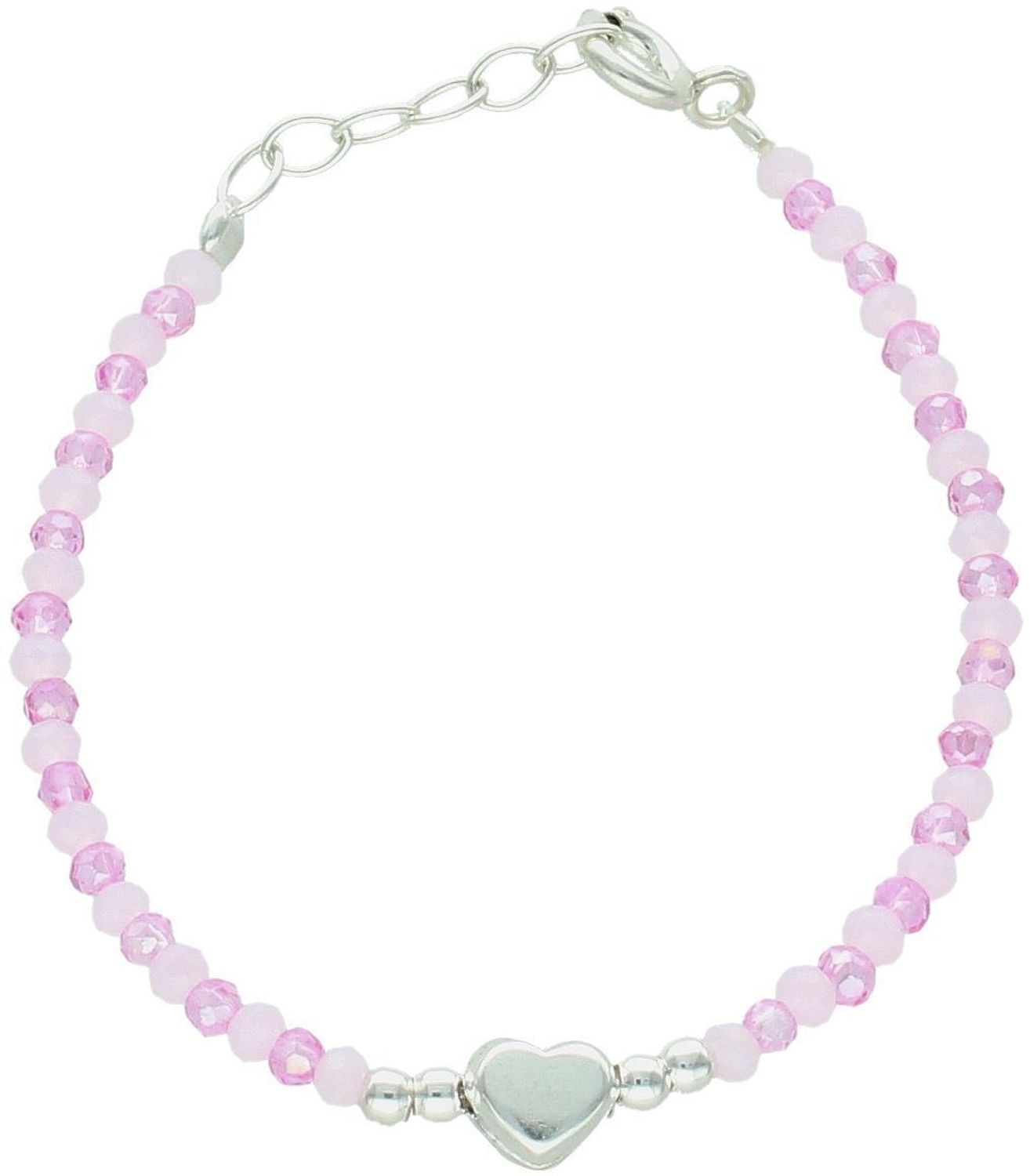 Srebrna bransoletka dla dziewczynki z różowymi koralikami i serduszkiem. Długość 12,5+2 cm. Idealna na prezent – delikatna i bezpieczna.1.jpg