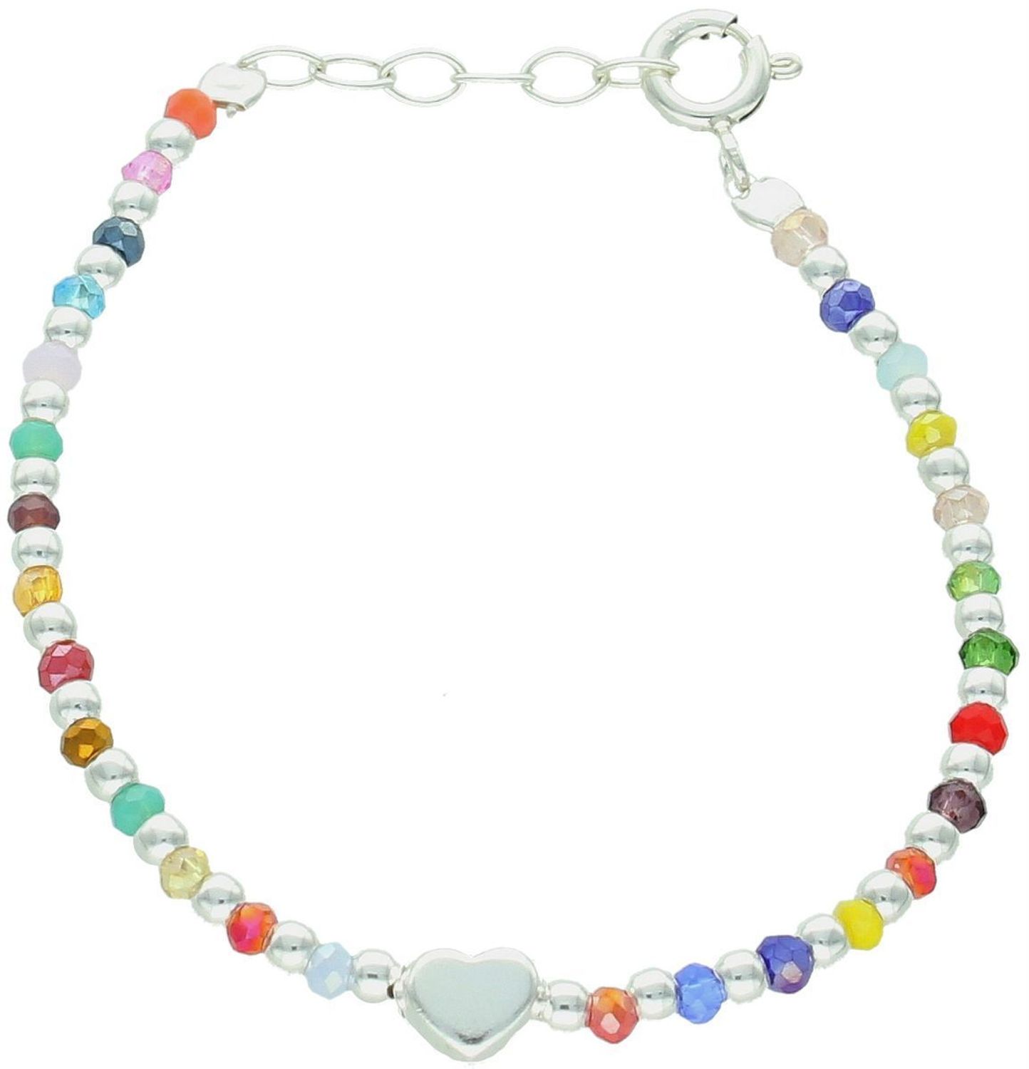 Bransoletka dziewczęca ze srebra 925 z kolorowymi kamieniami i serduszkiem. Długość 13+1 cm, idealna na prezent dla dziecka!1.jpg