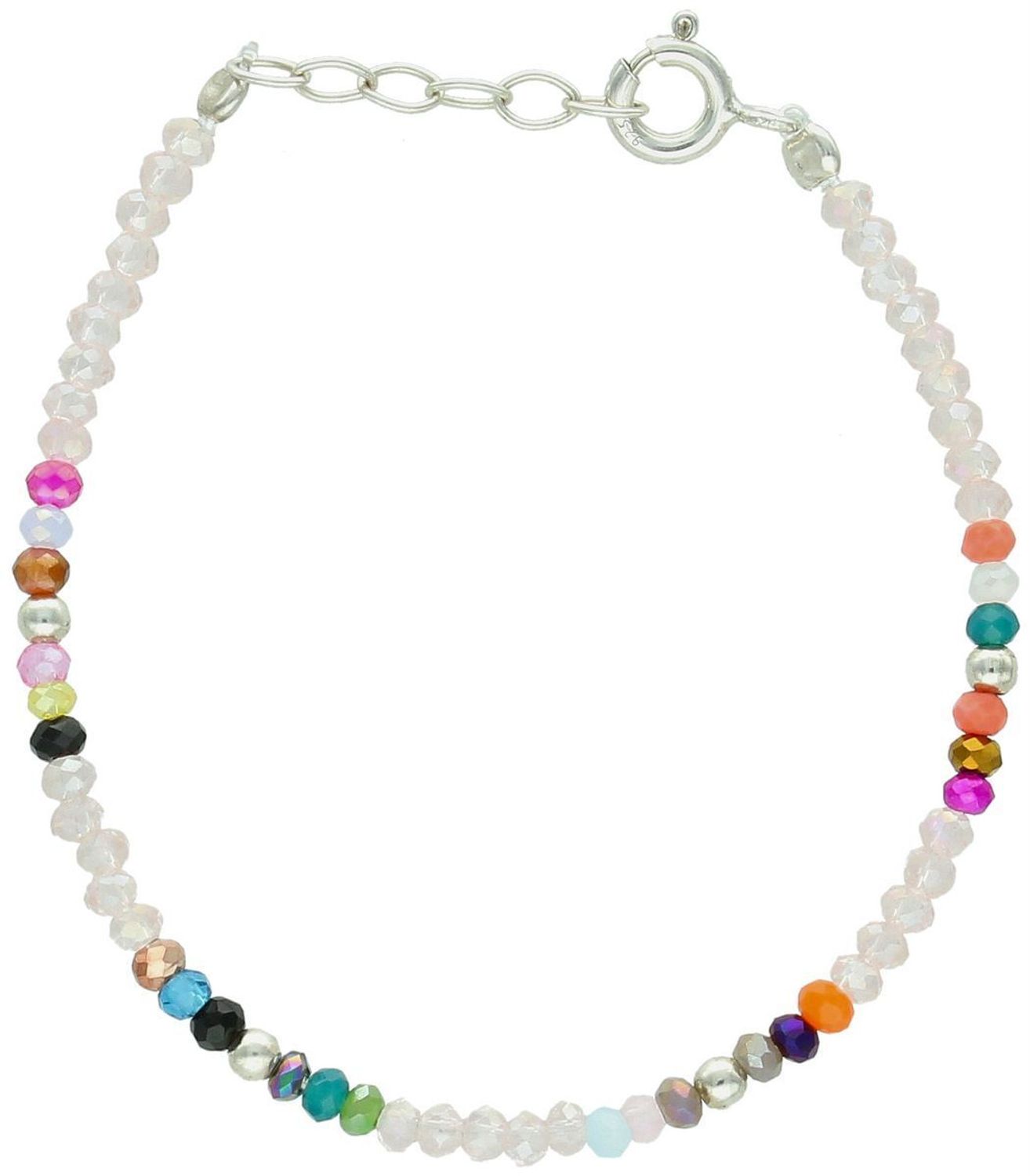 Srebrna bransoletka dziecięca z kolorowymi koralikami, długość 13 + 2 cm, zapięcie na karabińczyk, waga 1,40 g, srebro próby 925. Idealna dla dziewczynki lub jako delikatna damska bransoletka.1.jpg