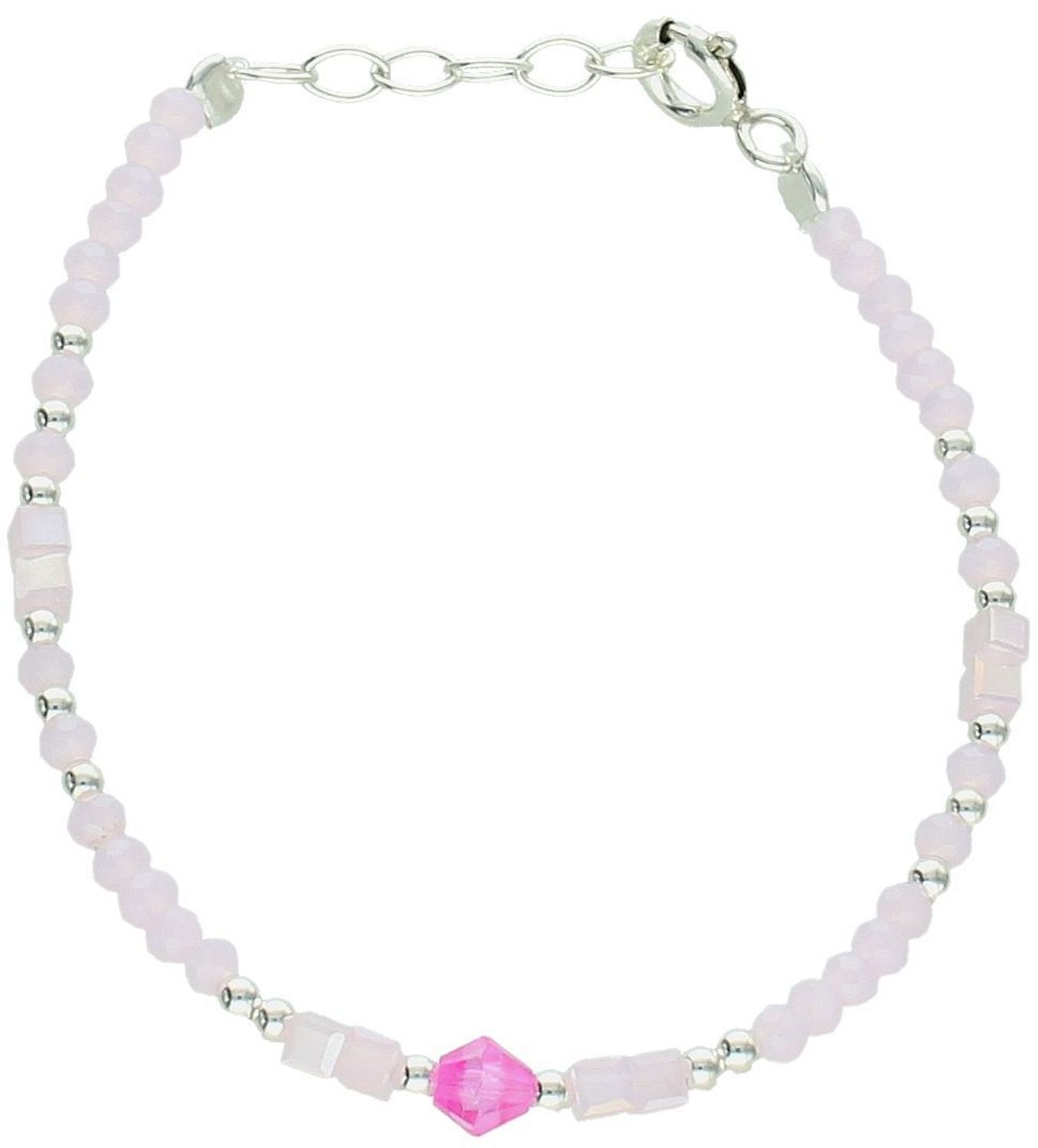 Bransoletka srebrna dla dziewczynki z różowymi koralikami. Długość 13+1 cm. Delikatna, lekka i bezpieczna – idealna na prezent!1.jpg