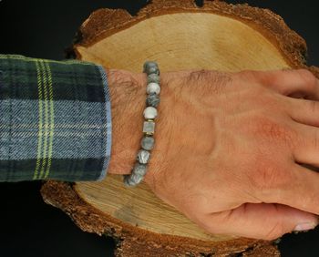 Męska bransoletka z naturalnych kamieni jaspis Picasso (5–8 mm), na elastycznej gumce. Obwód 19 cm. Model DIA-BRA-13249-INNE – unikalny styl, wygoda i symbolika.2.jpg