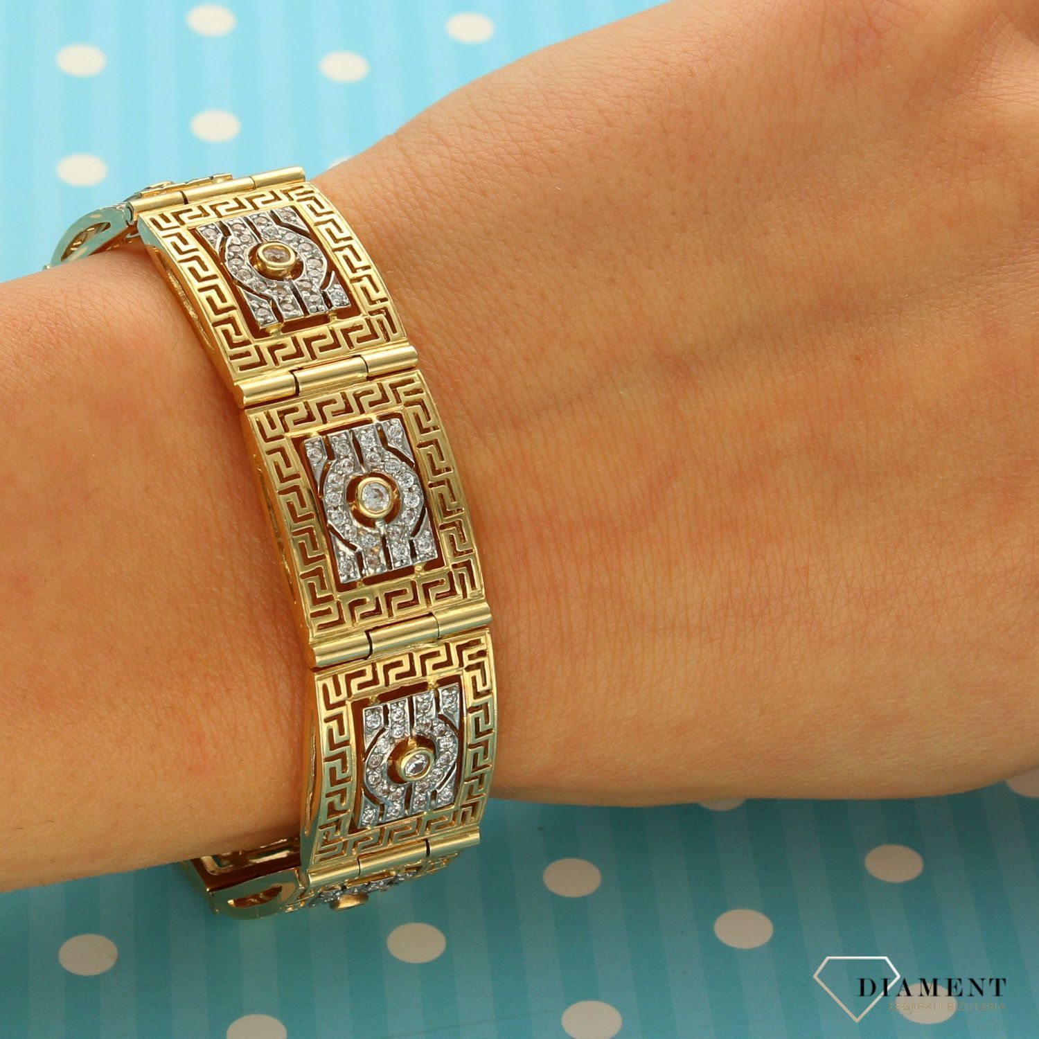 Złota bransoletka damska szeroka 585 'wzór grecki' DIA-BRA-1330-585 to szeroka bransoletka dla kobiety, wzór grecki ✓Złote Bransoletki Damskie w Sklepie z Biżuterią zegarki-diament.pl✓ ..jpg