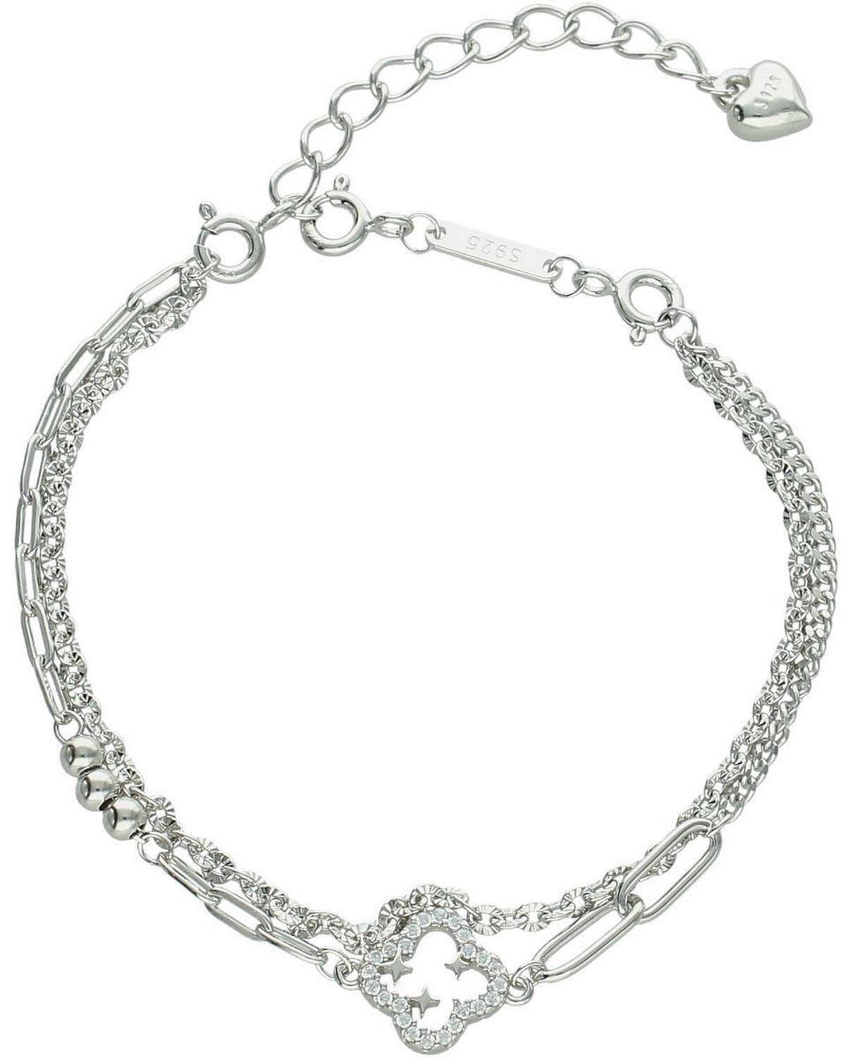 Bransoletka damska ze srebra 925 z zawieszką w kształcie koniczynki. Podwójny łańcuszek, regulowana długość 14 + 6 cm, zapięcie na karabińczyk. Subtelny urok i ponadczasowy styl.1.jpg