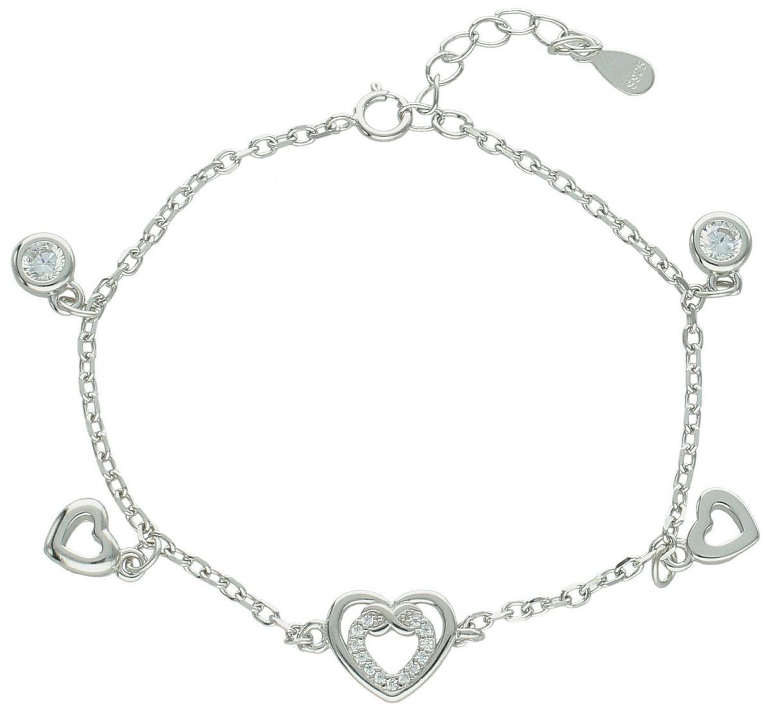 Bransoletka srebrna 925 z serduszkami i cyrkoniami na łańcuszku ankier. Model DIA-BRA-13343-925 – romantyczna biżuteria na co dzień i na prezent. Długość 15,5 + 2,5 cm, waga 4 g.1.jpg