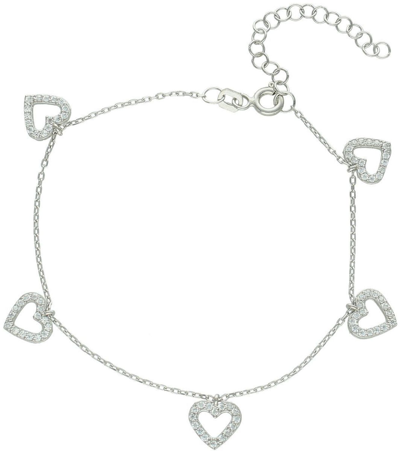 Damska bransoletka srebrna DIA-BRA-13344-925 z pięcioma zawieszkami w kształcie serduszek z cyrkoniami. Długość 16 cm + 4 cm regulacji, waga 2,5 g. Idealna na prezent!1.jpg
