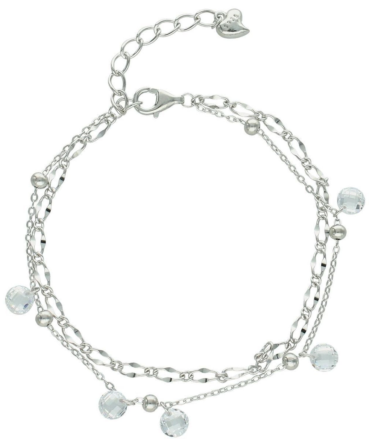 Bransoletka damska srebrna próby 925 z dwoma łańcuszkami, zawieszkami z cyrkonii i srebrnymi kuleczkami. Długość 16 + 3 cm, zapięcie na karabińczyk. Elegancja i lekkość w jednym.1.jpg