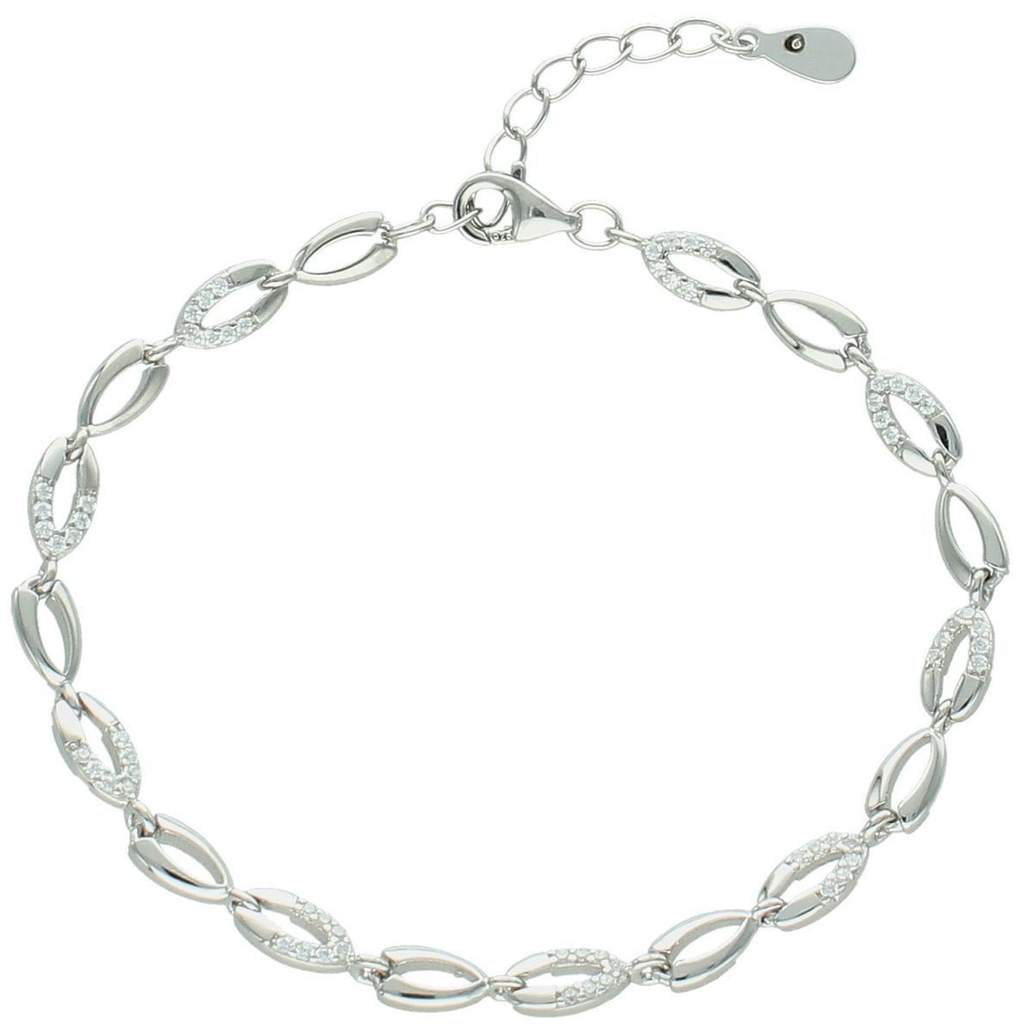 Srebrna bransoletka damska próby 925 z owalnymi oczkami zdobionymi cyrkoniami. Długość 16 + 3 cm, zapięcie na karabińczyk. Klasyka w eleganckim wydaniu.1.jpg