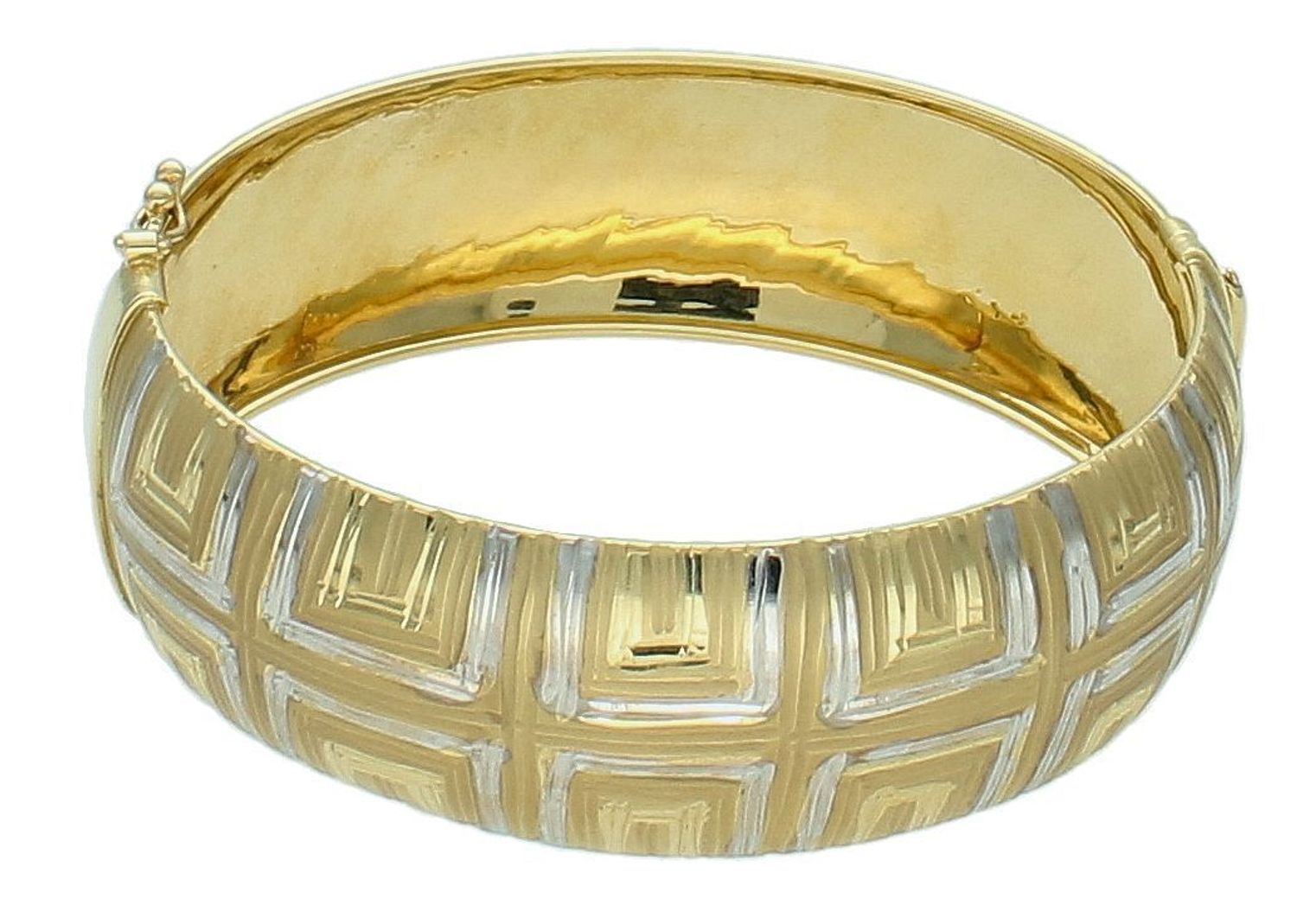 Bransoletka złota sztywna dwa wzory pr 585, DIA-BRA-1341-585 Klasyczna, sztywna bransoletka została wykonana z próby 585, ozdobiona z jednej strony drogą grecką, a z drugiej paseczkami, 0.jpg