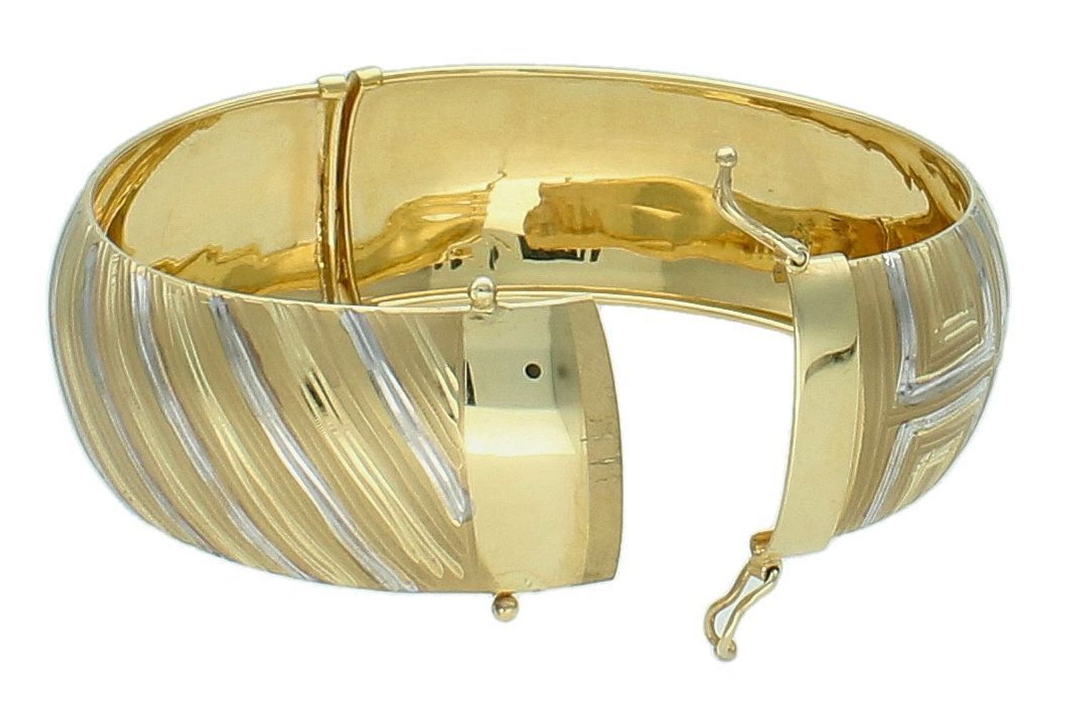 Bransoletka złota sztywna dwa wzory pr 585, DIA-BRA-1341-585 Klasyczna, sztywna bransoletka została wykonana z próby 585, ozdobiona z jednej strony drogą grecką, a z drugiej paseczkami, 0.jpg