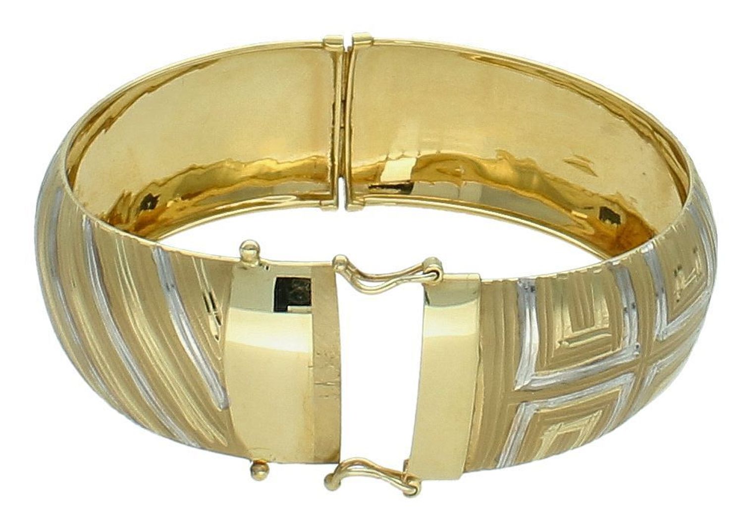 Bransoletka złota sztywna dwa wzory pr 585, DIA-BRA-1341-585 Klasyczna, sztywna bransoletka została wykonana z próby 585, ozdobiona z jednej strony drogą grecką, a z drugiej paseczkami, 0.jpg