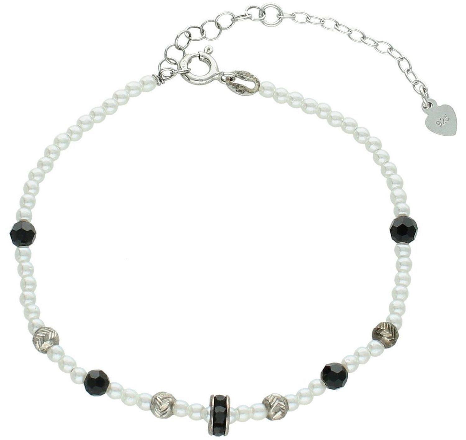 Bransoletka damska ze srebra próby 925 z perełkami i czarnymi cyrkoniami. Regulowana długość 17+5 cm, waga 2,13 g. Elegancki i kobiecy dodatek idealny na prezent.1.jpg