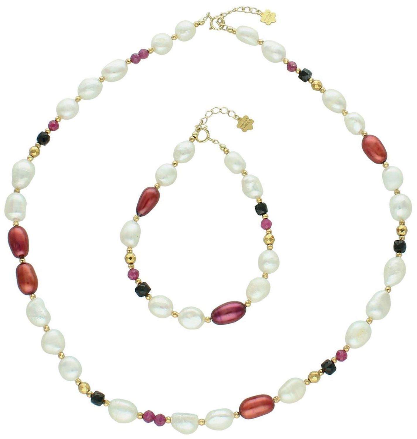 Bransoletka damska srebrna pozłacana z perłą, rubinem i turmalinem – naturalne kamienie  DIA-BRA-13512-925.jpg