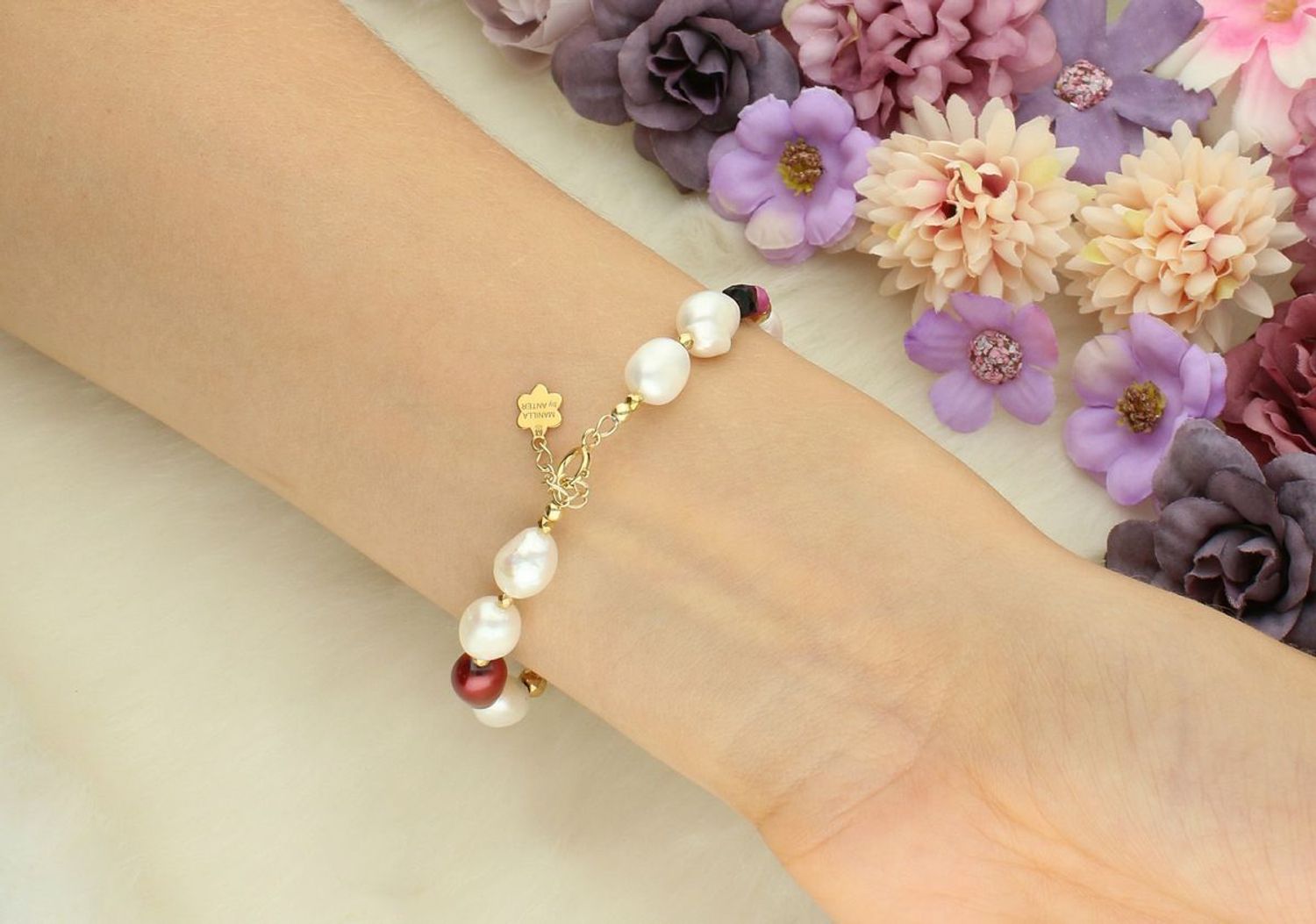 Bransoletka damska srebrna pozłacana z perłą, rubinem i turmalinem – naturalne kamienie  DIA-BRA-13512-925.jpg
