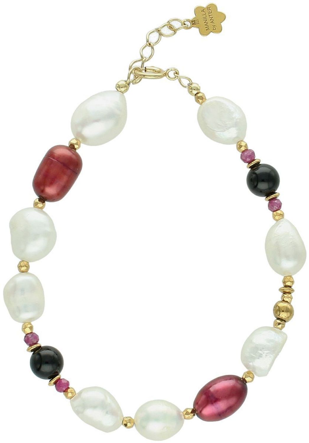 Elegancka bransoletka srebrna próby 925, pozłacana, ozdobiona naturalną perłą, rubinem i agatem. Długość 17 + 2 cm, zapięcie karabińczyk, kamienie 3–10 mm.1.jpg