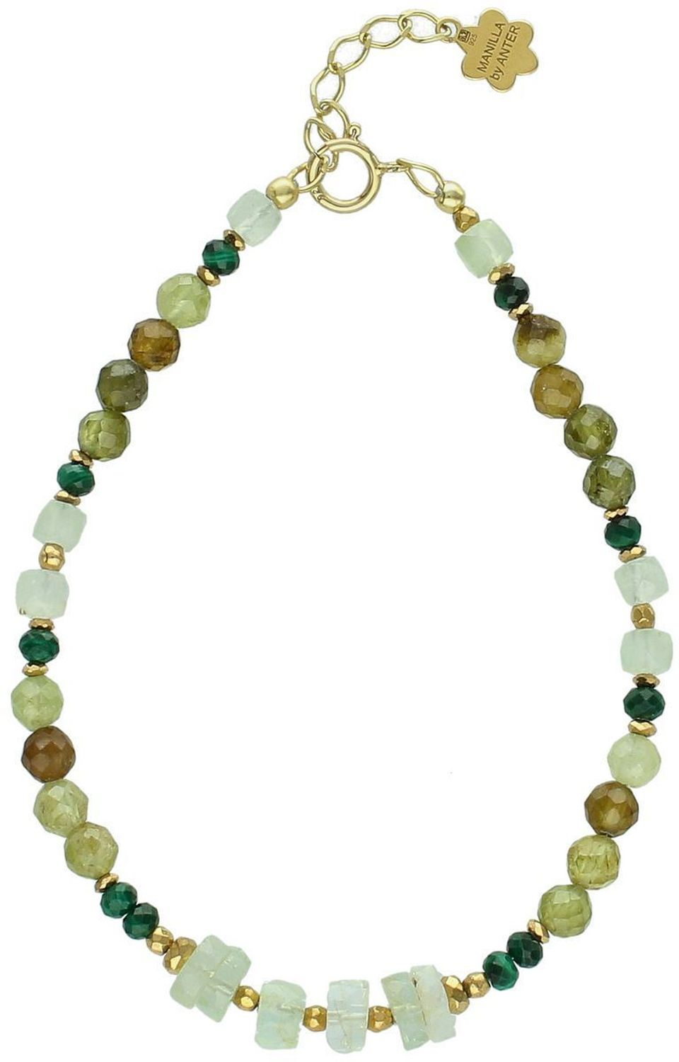 Damska bransoletka srebrna próba 925 ozdobiona naturalnymi kamieniami prehnit, grossular, akwamaryn zielony. Długość 17+2 cm, zapięcie na karabińczyk. 1.jpg