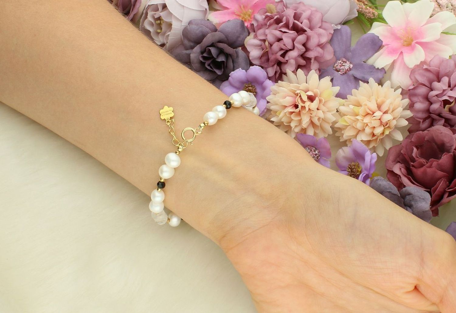 Bransoletka damska srebrna z perłą, kamieniem księżycowym i turmalinem  Kamienie naturalne  DIA-BRA-13517-925  Srebro 925  17 + 2 cm.jpg