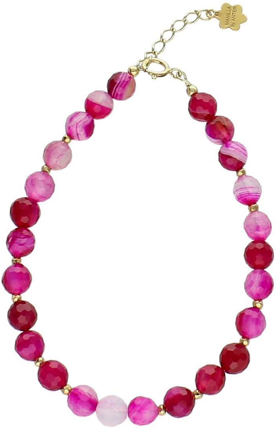 Elegancka bransoletka damska z srebra próby 925 pozłacana, ozdobiona naturalnym różowym agatem 6 mm. Długość 18 cm + 3 cm regulacji, zapięcie na karabińczyk.1.jpg