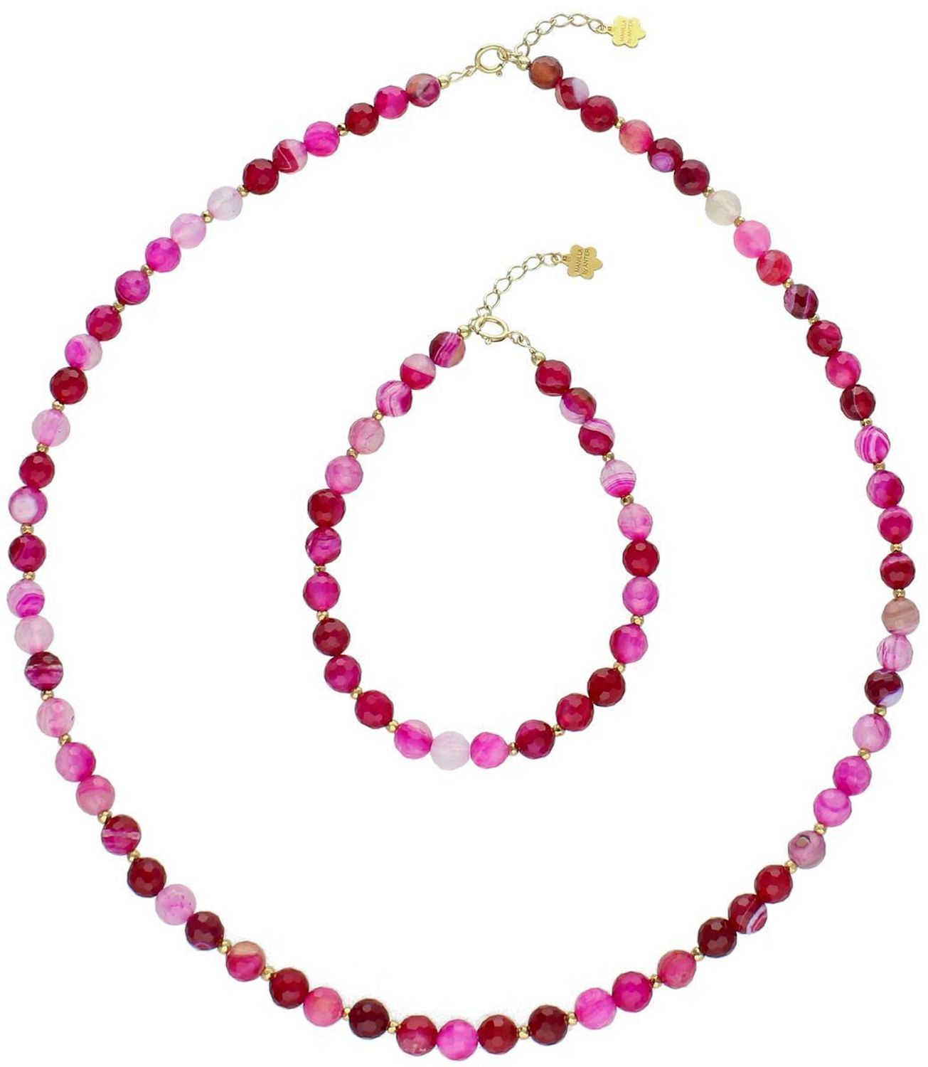 Elegancka bransoletka damska z srebra próby 925 pozłacana, ozdobiona naturalnym różowym agatem 6 mm. Długość 18 cm + 3 cm regulacji, zapięcie na karabińczyk.1.jpg