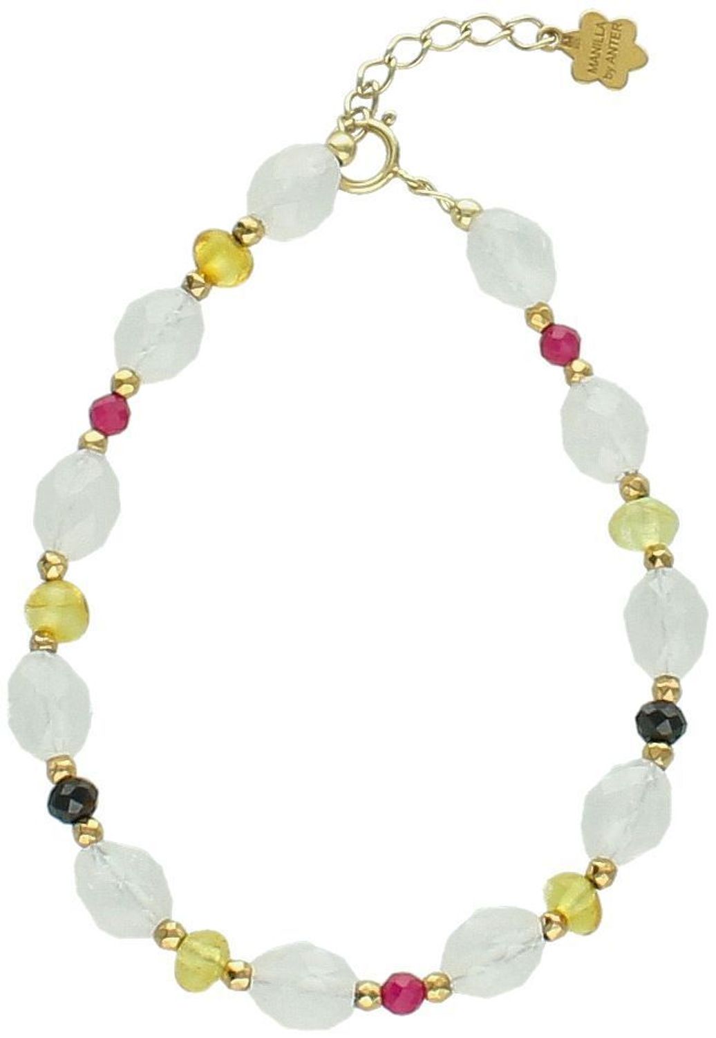 Bransoletka damska ze srebra próby 925 z naturalnymi kamieniami rubin, bursztyn i kwarc różowy. Długość 17+2 cm, zapięcie na karabińczyk, waga 6,10 g.1.jpg