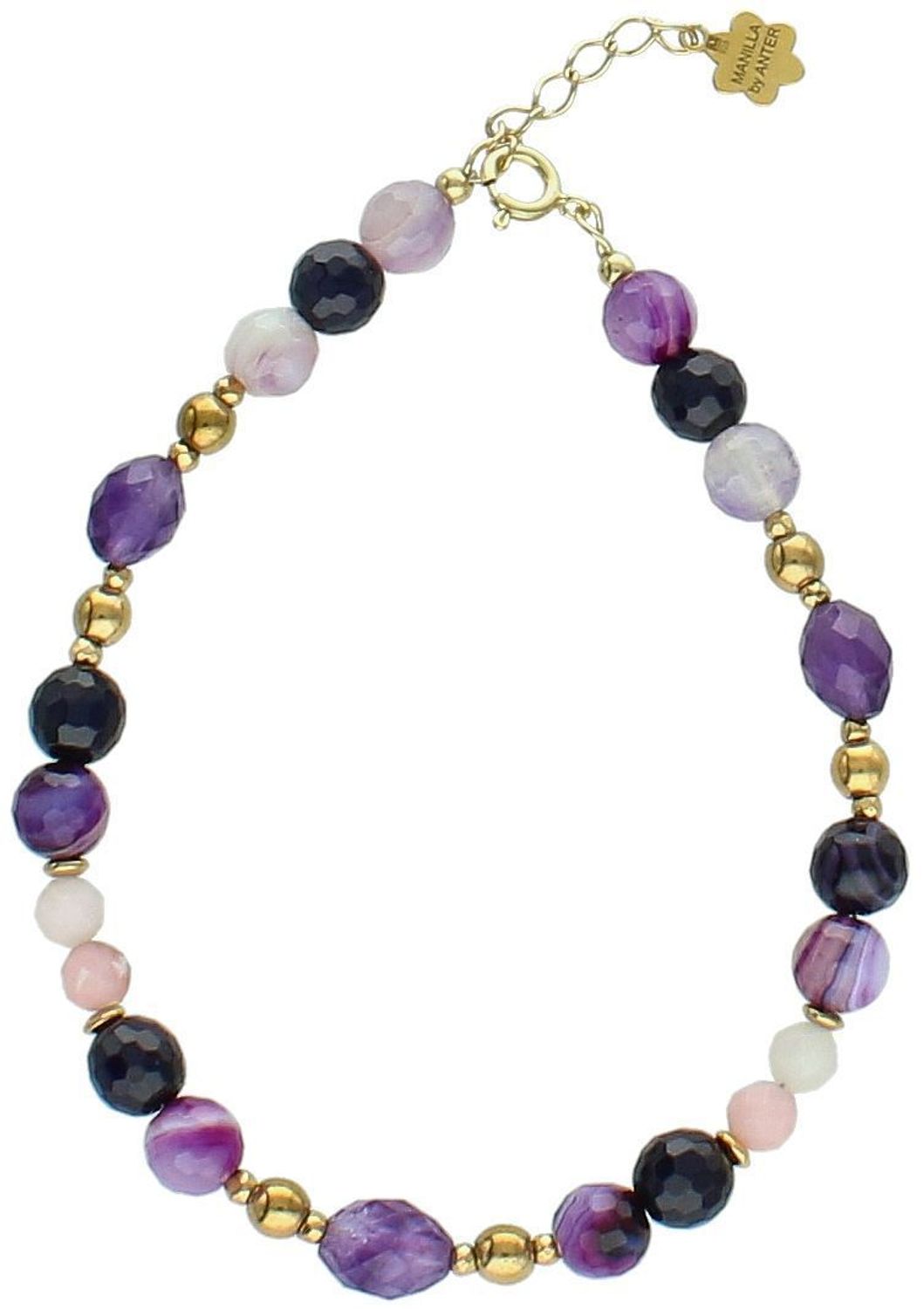 Bransoletka damska srebrna próby 925 z naturalnymi kamieniami agat, ametyst, opal. Długość 18 + 2 cm, zapięcie na karabińczyk, kamienie 8–4 mm, 7,50 g.1.jpg