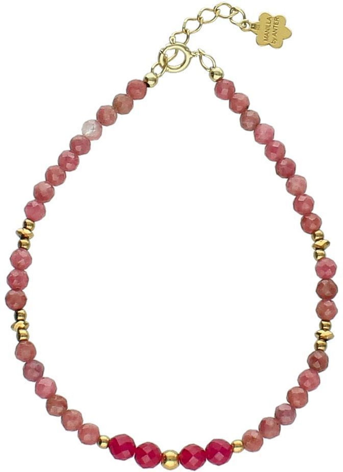 Pozłacana bransoletka srebrna 925 z naturalnym rubinem, rodonitem i kryształami Swarovski. Subtelna i kobieca – długość 17 + 2 cm. Idealna na prezent.1.jpg