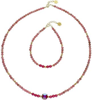 Pozłacana bransoletka srebrna 925 z naturalnym rubinem, rodonitem i kryształami Swarovski. Subtelna i kobieca – długość 17 + 2 cm. Idealna na prezent.5.jpg