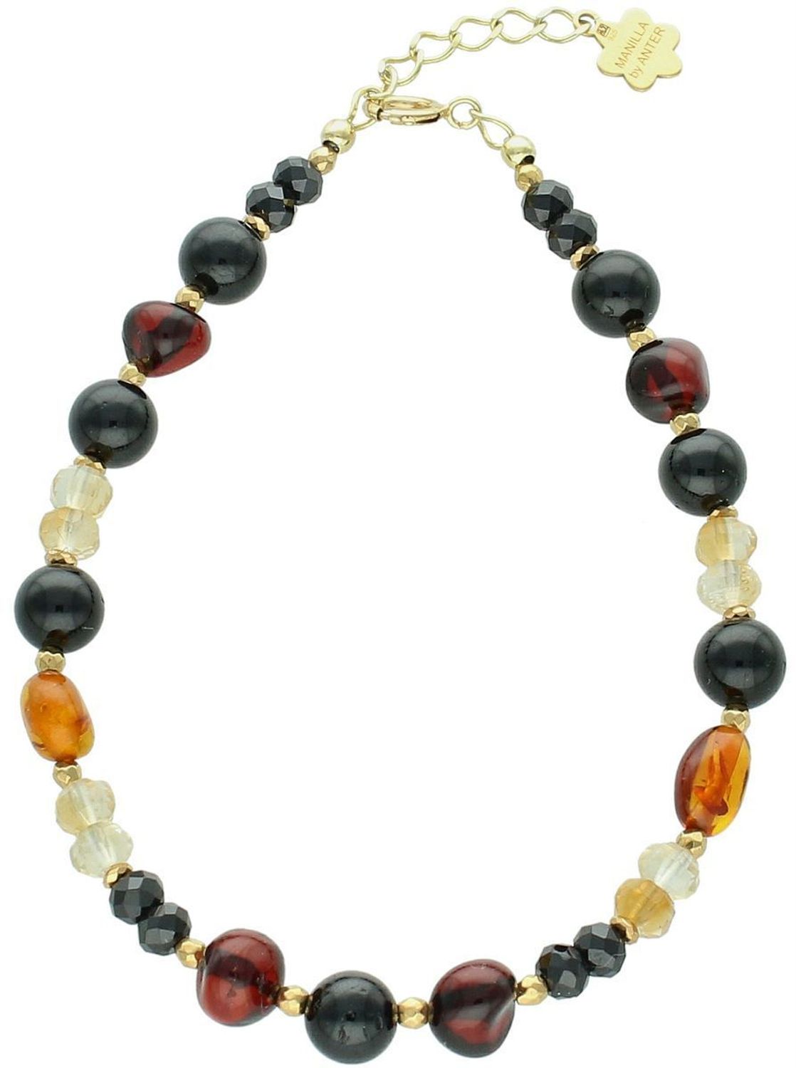 Elegancka bransoletka damska ze srebra próby 925 z naturalnymi kamieniami bursztyn, turmalin, cytryn i spinel. Długość 18 cm + 2 cm regulacji, zapięcie na karabińczyk, waga 5,80 g.1.jpg