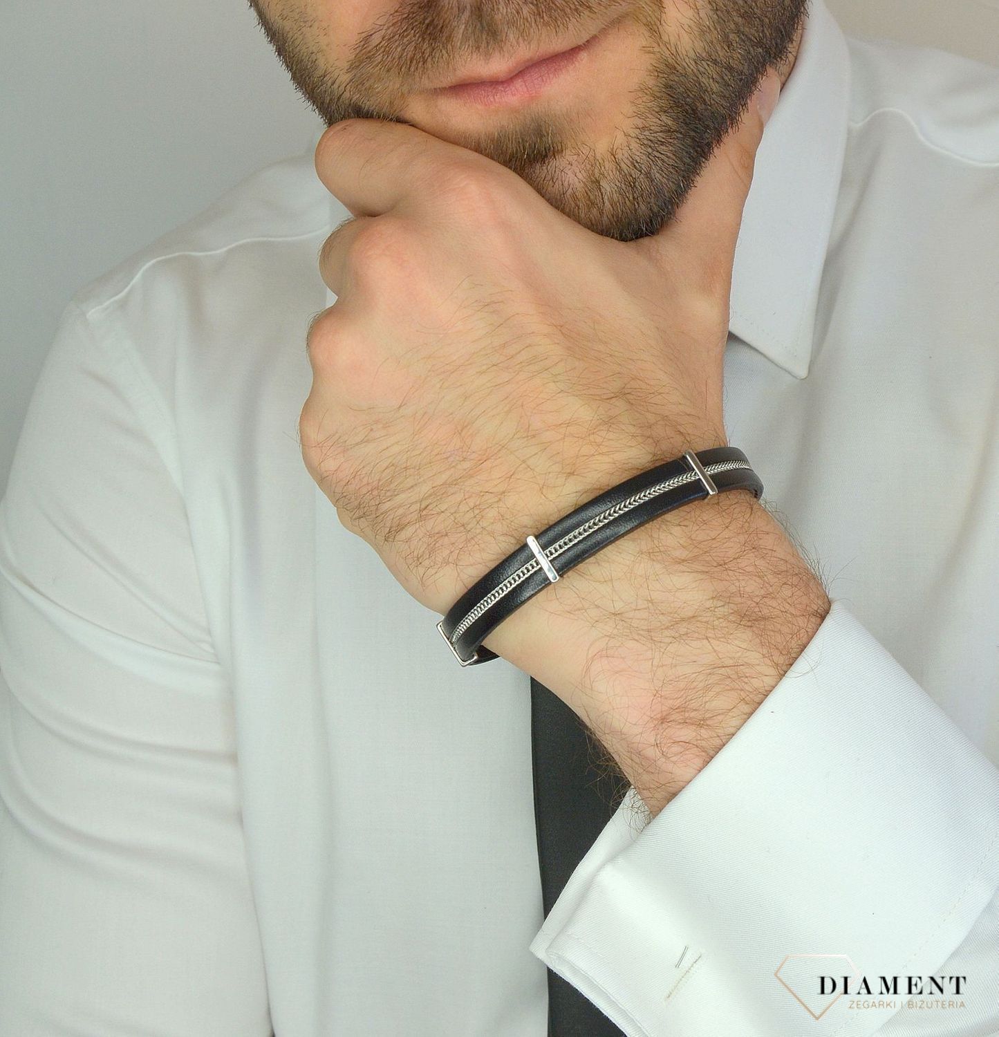 Bransoletka męska skórzany ze stalowym łańcuszkiem DIA-BRA-13533-STAL.jpg