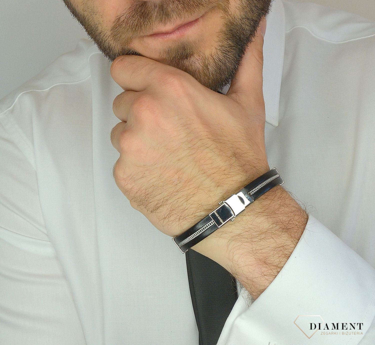 Bransoletka męska skórzany ze stalowym łańcuszkiem DIA-BRA-13533-STAL.jpg