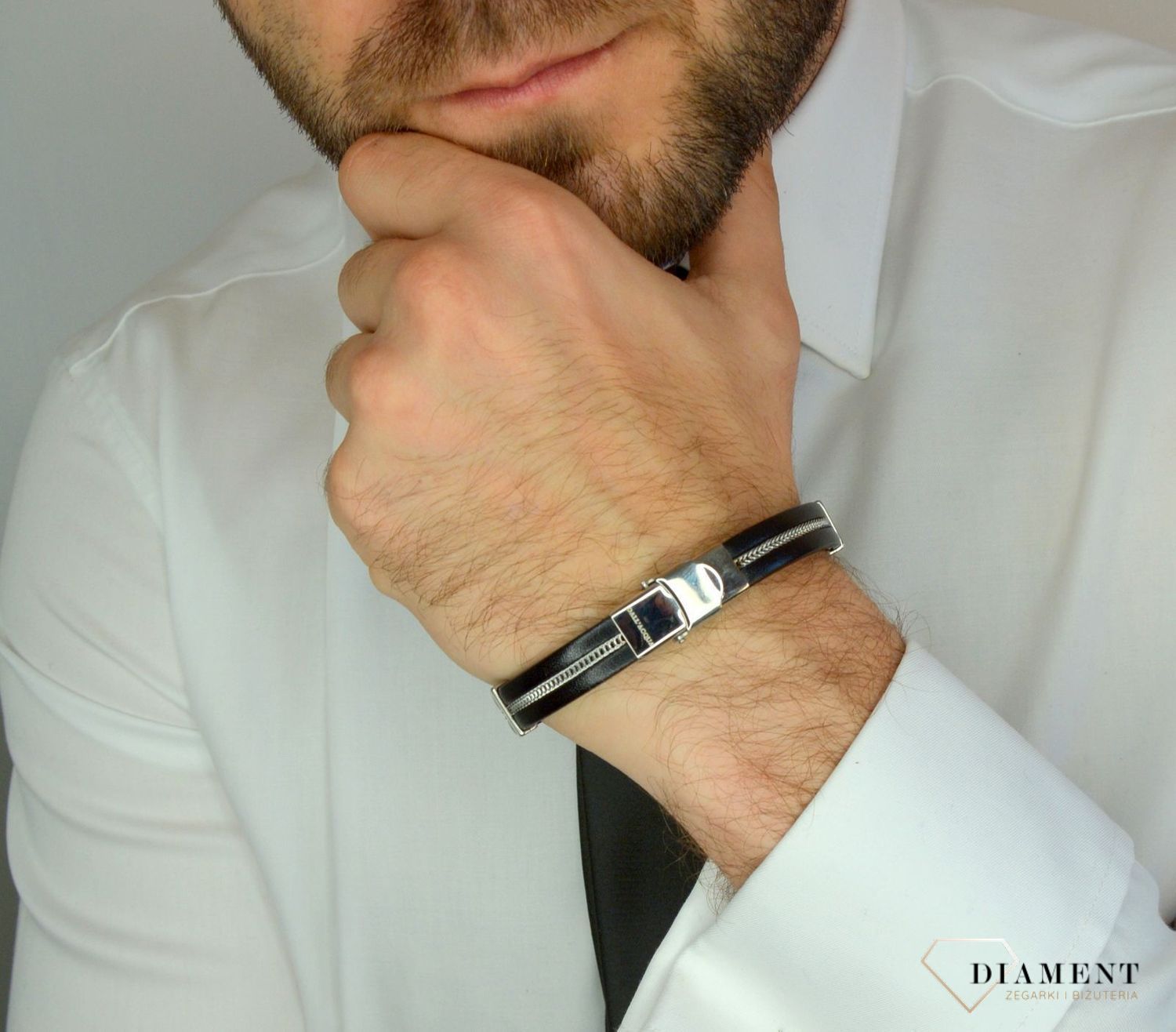 Bransoletka męska skórzany ze stalowym łańcuszkiem DIA-BRA-13533-STAL.jpg