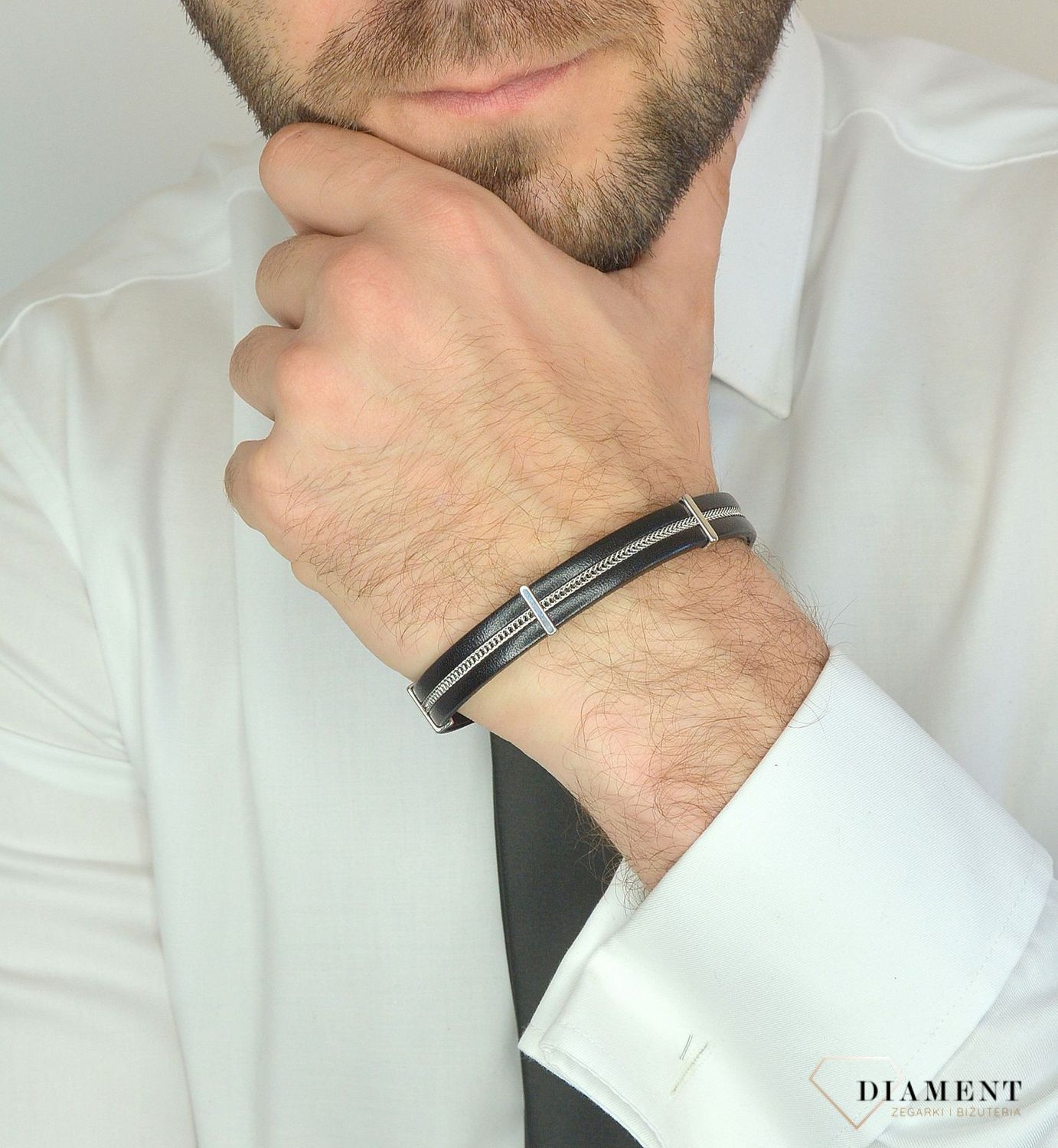 Bransoletka męska skórzany ze stalowym łańcuszkiem DIA-BRA-13533-STAL.jpg