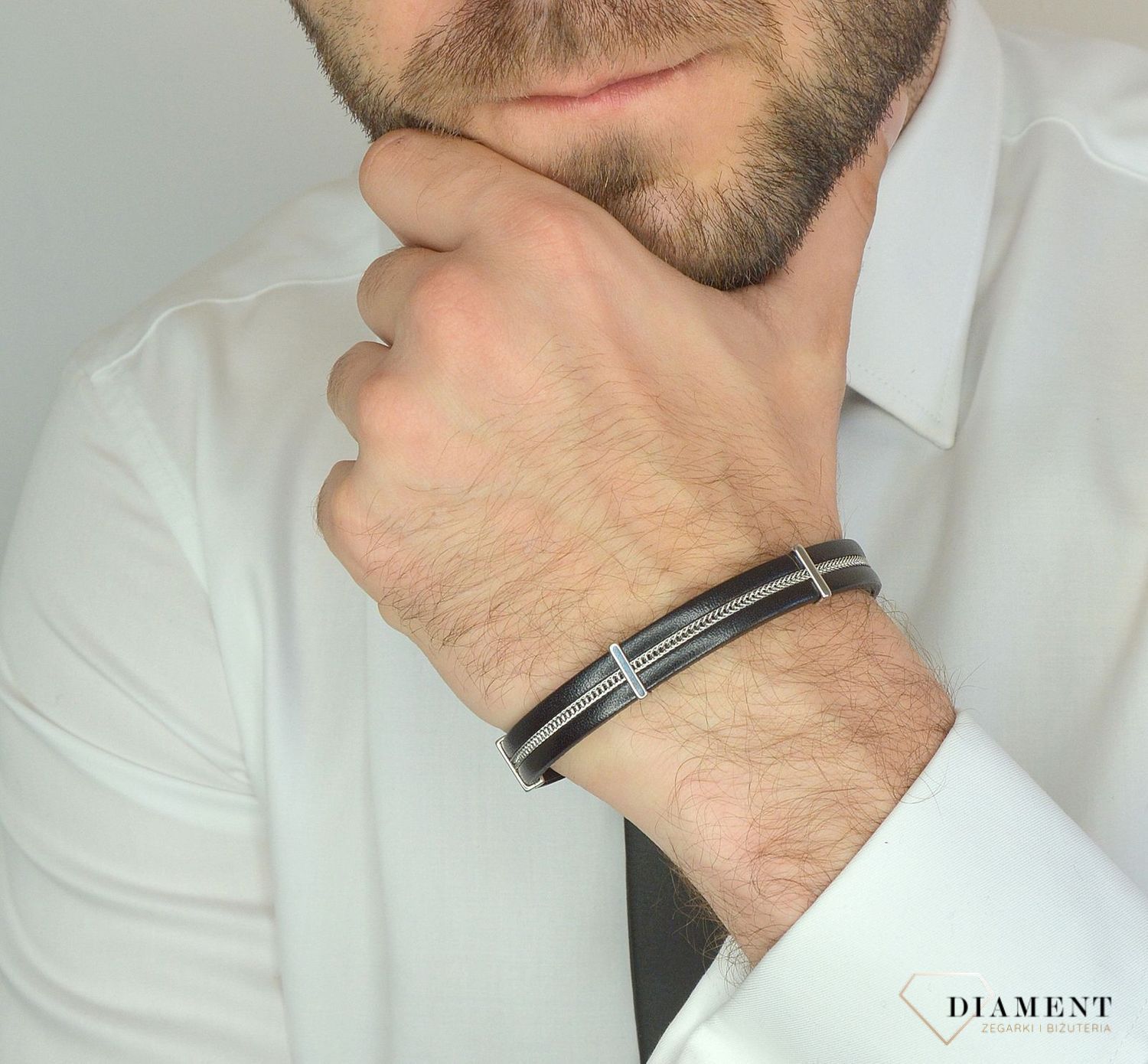 Bransoletka męska skórzany ze stalowym łańcuszkiem DIA-BRA-13533-STAL.jpg