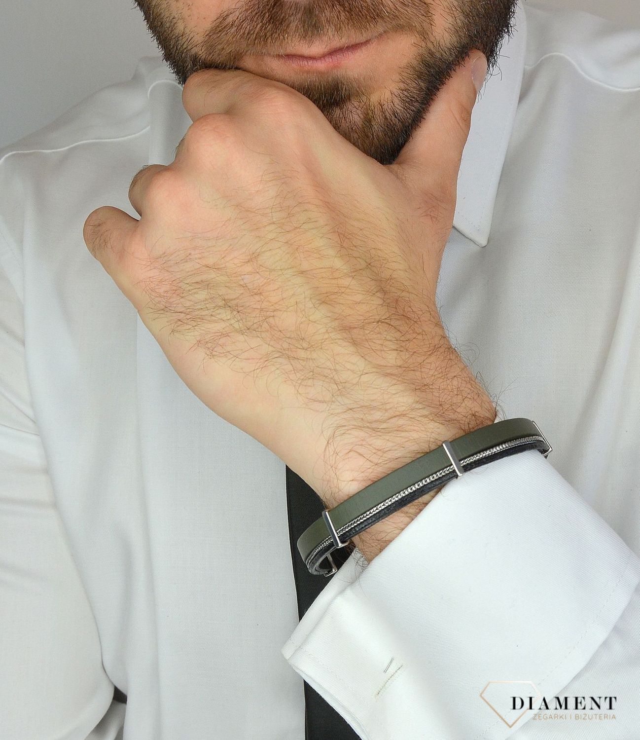 Bransoletka męska Ciemna zieleń skóra ze stalowymi łańcuszkiem DIA-BRA-13535-STAL. Bransoletka skórzana w kolorze ciemnej zieleni z ozdobnym łańcuszkiem 1.jpg